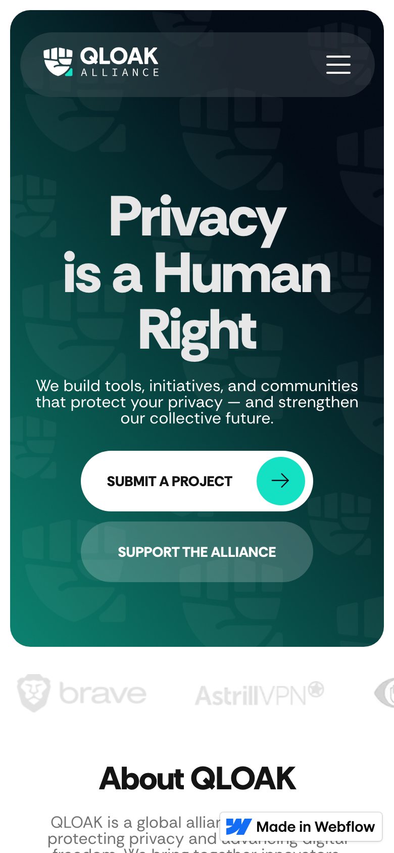QLOAK Alliance — мобільна версія, екран 1
