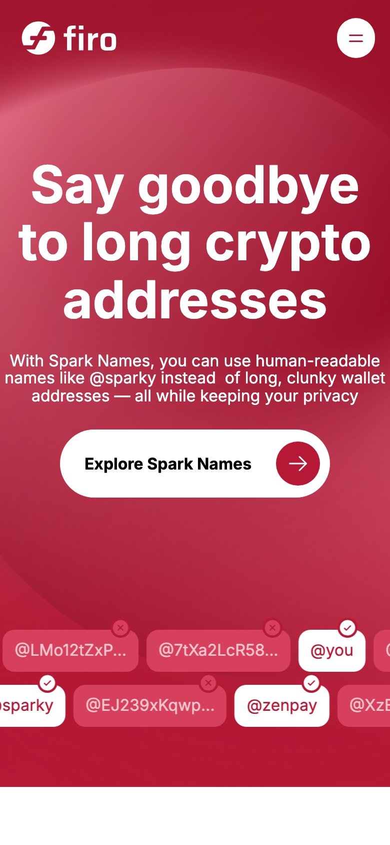 Firo Spark Names — мобільна версія, екран 1